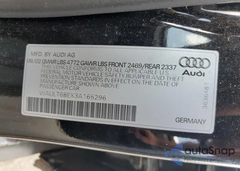 2003 Audi A4 3.0 Quattro z USA, uszkodzony, nr VIN WAULT68EX3A165296